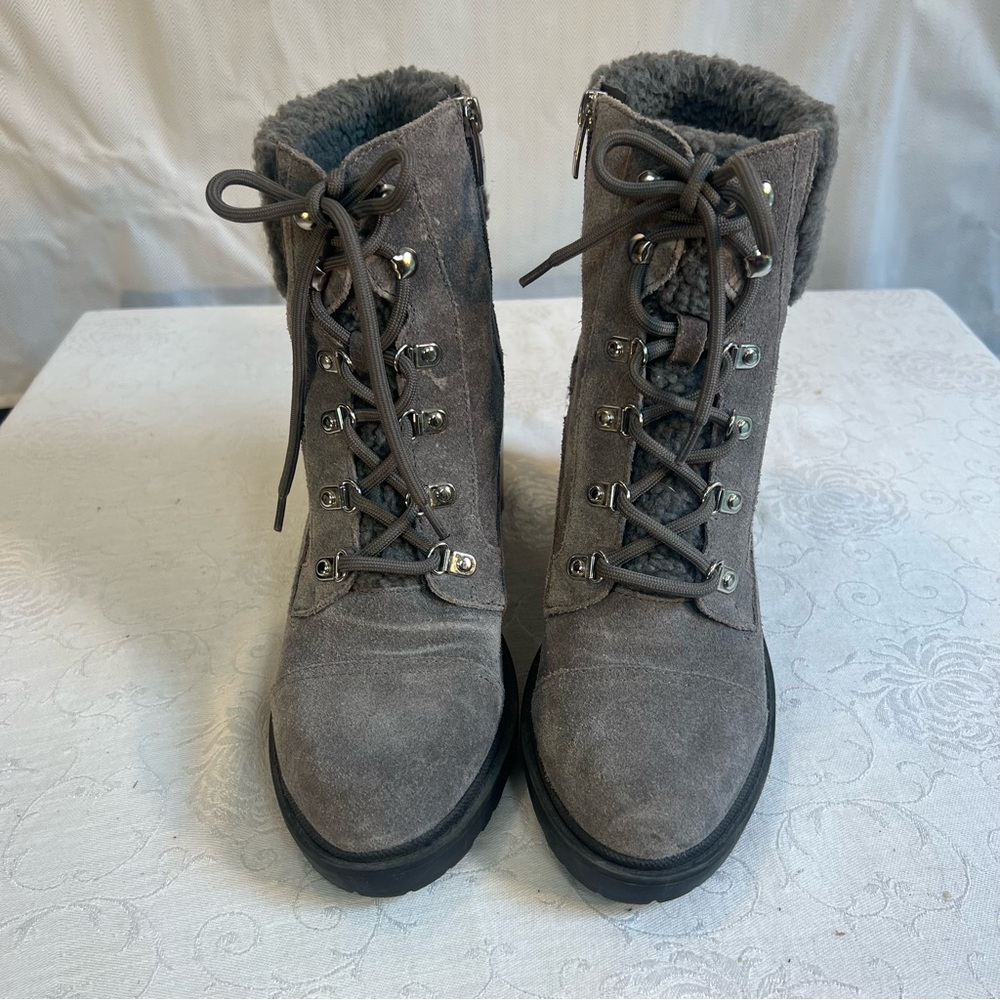 Marc Fisher Laklynn Boots Gray Suede Winter Lace Up Combat Ankle Block Heel 8 M